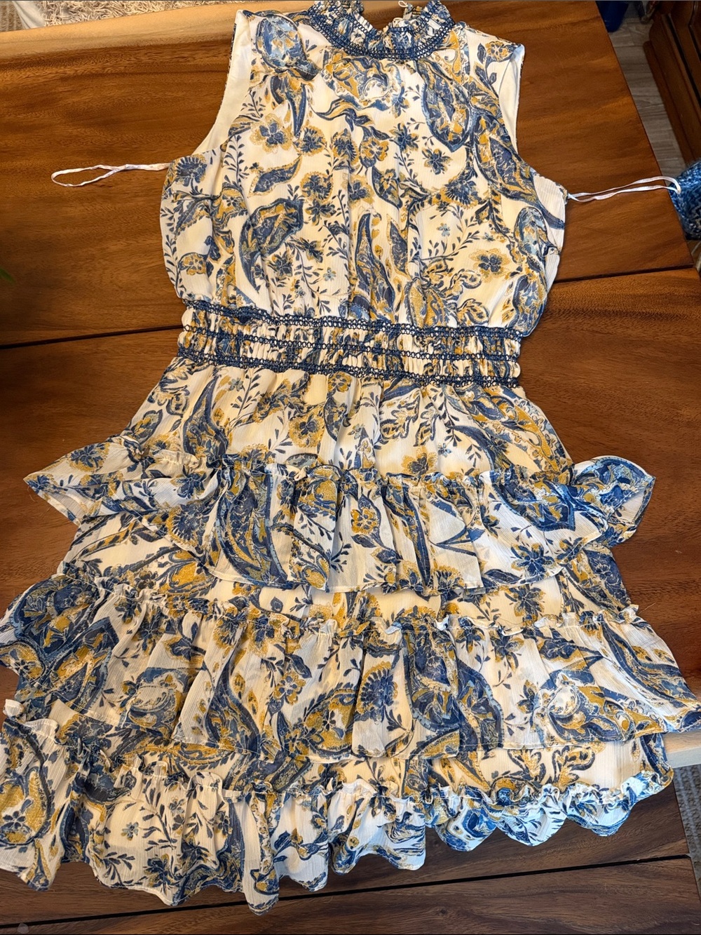 MSK Blue and Yellow Floral Sleeveless Tiered Ruffle Dress
